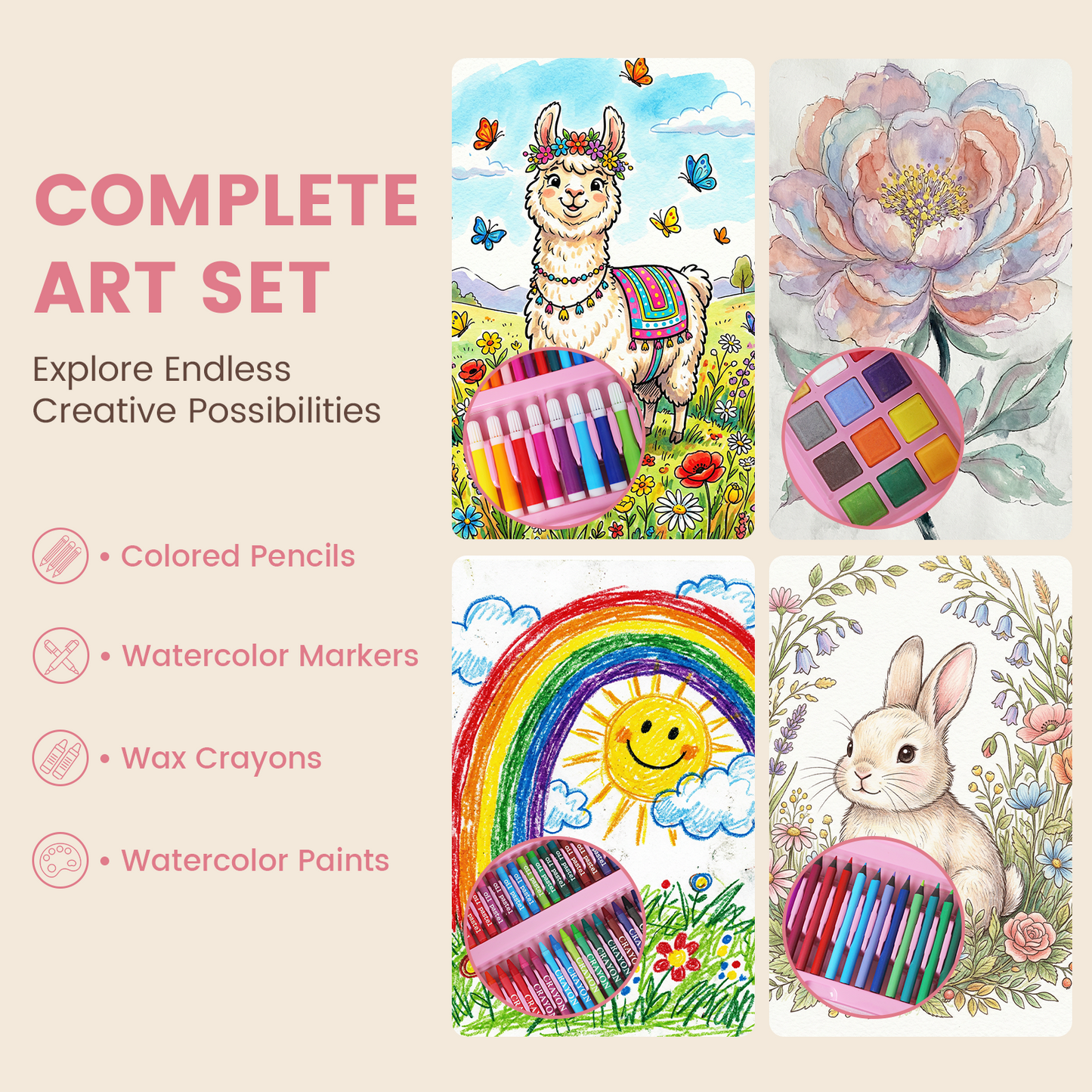 KIDDYCOLOR 217 Pcs Pink Deluxe Creative Drawing Kit, Painting & Craft Supply Box for Girls, Kids Creative Tools