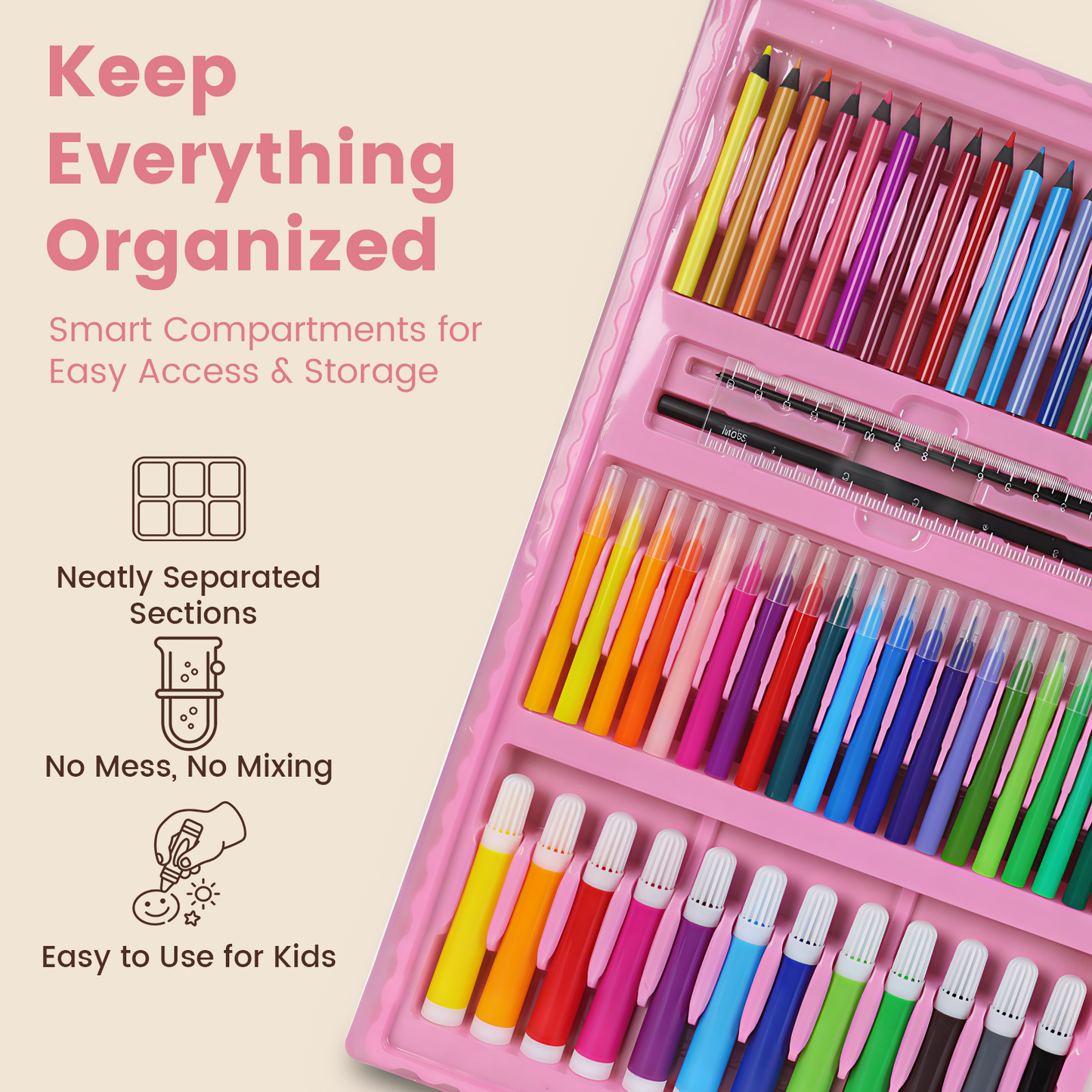 KIDDYCOLOR 217 Pcs Pink Deluxe Creative Drawing Kit, Painting & Craft Supply Box for Girls, Kids Creative Tools