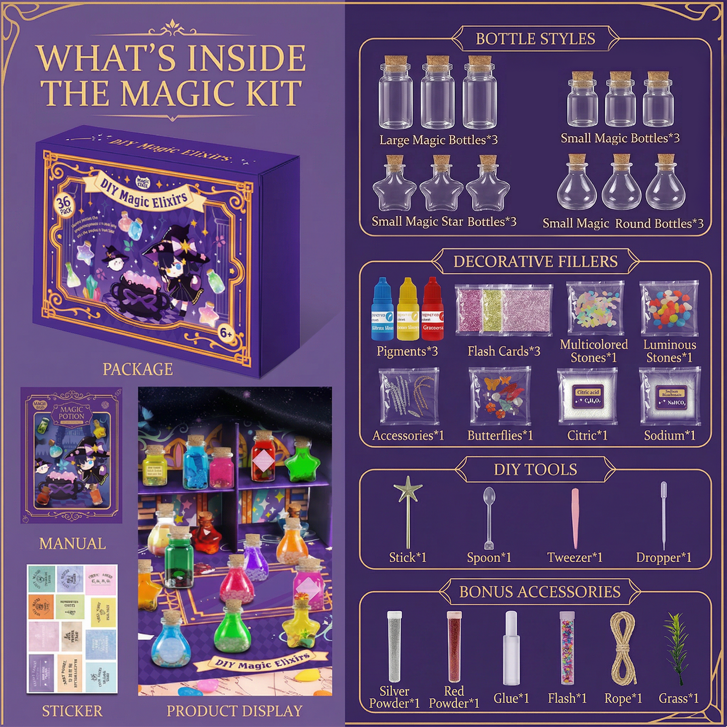 KIDDYCOLOR DIY Magic Fairy Potion Kit, 12 Bottles Magical Elixir Making Craft Set, Creative Toy Gift for Kids