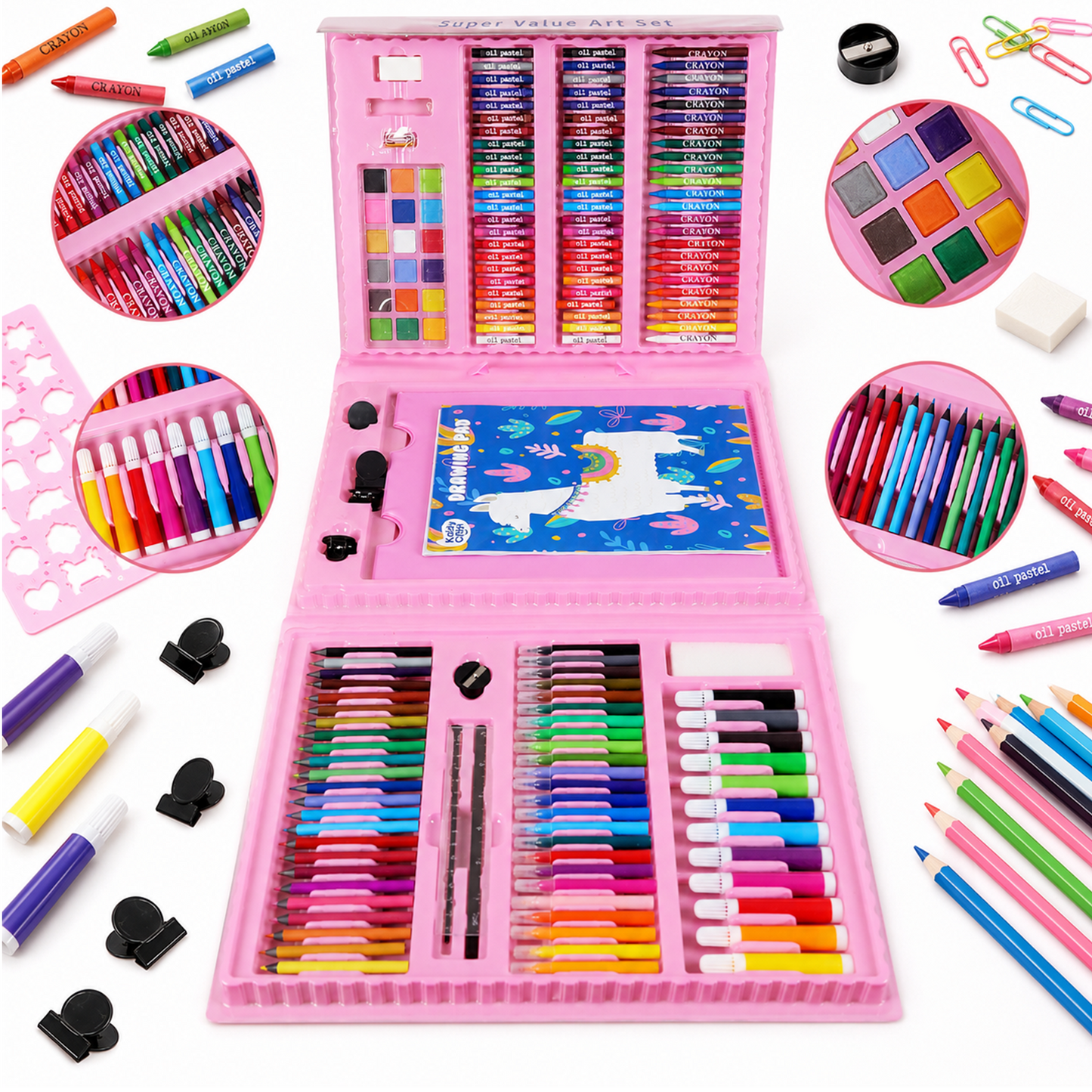 Kiddycolor 217-Piece Kids Art Set and Drawing Kit with Crayons, Markers, Colored Pencils, Watercolors and Drawing Pad