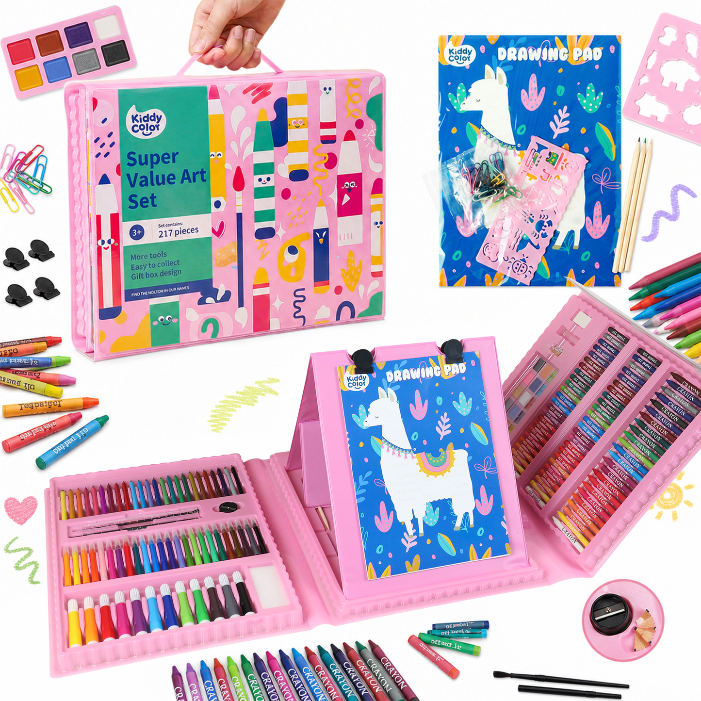Kiddycolor 217-Piece Kids Art Set and Drawing Kit with Crayons, Markers, Colored Pencils, Watercolors and Drawing Pad