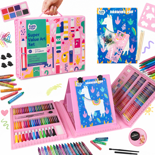 Kiddycolor 217-Piece Kids Art Set and Drawing Kit with Crayons, Markers, Colored Pencils, Watercolors and Drawing Pad