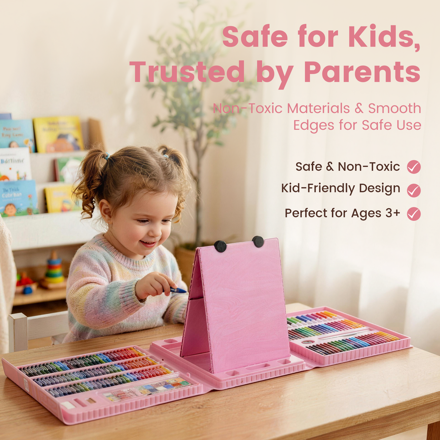 KIDDYCOLOR 217 Pcs Pink Deluxe Creative Drawing Kit, Painting & Craft Supply Box for Girls, Kids Creative Tools