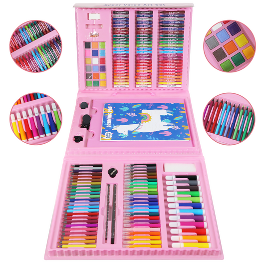 KIDDYCOLOR 217 Pcs Pink Deluxe Creative Drawing Kit, Painting & Craft Supply Box for Girls, Kids Creative Tools