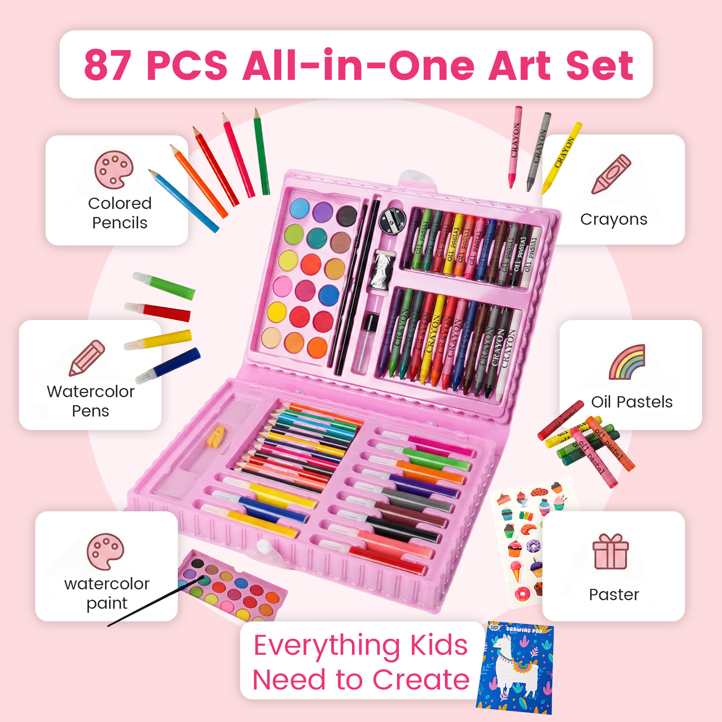 Kiddycolor 87 Pack Drawing Coloring Art Set, All in One Painting Creative Supplies Gift with Plastic Case for Kids Boys Girls